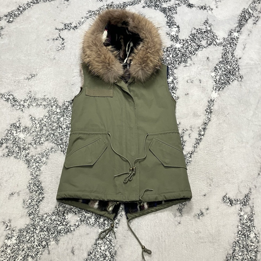 Love‎ Token Faux Fur Hooded Utility Vest Jacket Womens Size XS Olive Parka